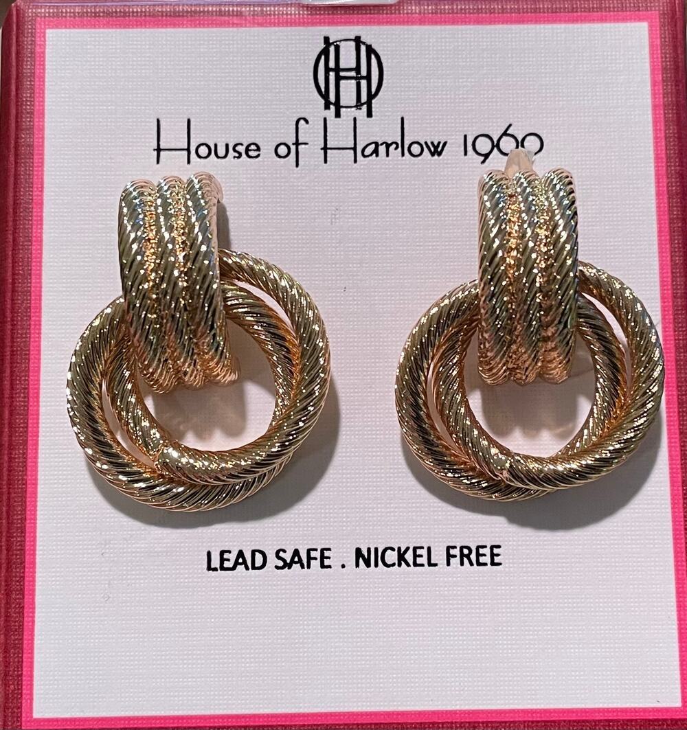 New House of Harlow 1960 Gold Tone Door Knocker Earrings, Gold Tone Rope